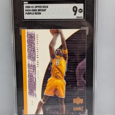 SGC 9 Mint graded 2000-01 Upper Deck Kobe Bryant Purple Reign #434 basketball card encapsulated in a protective holder.
