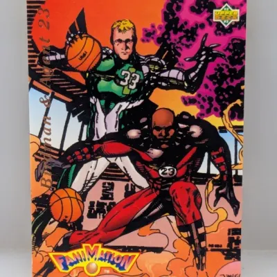 1992-93 Upper Deck Fanimation insert trading card featuring Larry Bird and Michael Jordan artwork by Jim Lee.