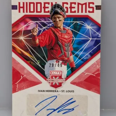 Panini Elite Extra Edition Ivan Herrera 'Hidden Gems' autographed baseball card, hand-numbered 20/49.