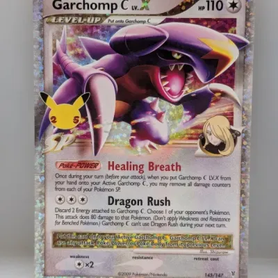 Pokémon Garchomp C LV.X holo trading card, Celebrations 25th Anniversary set, 145/147.