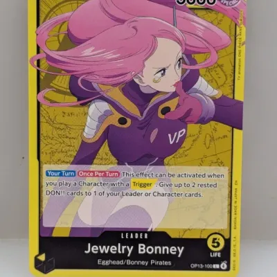 One Piece Card Game Jewelry Bonney leader card (OP13-100) featuring Egghead suit artwork in clean condition.