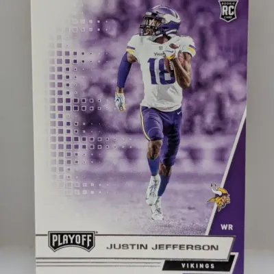 2020 Panini Playoff Justin Jefferson rookie trading card #212, featuring the Minnesota Vikings wide receiver in good condition.