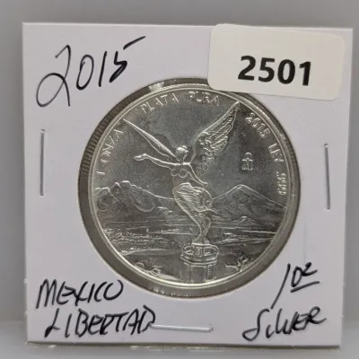 2015 Mexican Silver Libertad 1 oz coin presented in a cardboard flip holder.