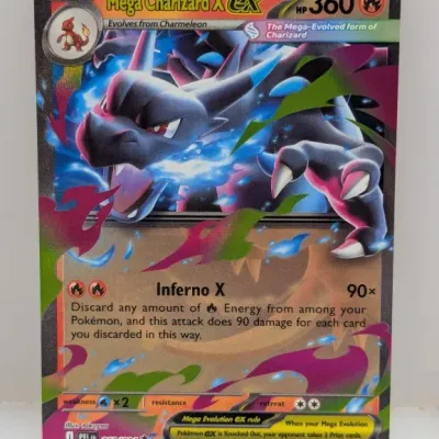 Mega Charizard X ex Pokémon trading card (013/094) featuring full-art holographic illustration.