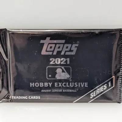 Sealed 2021 Topps Series 1 Hobby Exclusive silver pack containing four Major League Baseball trading cards.