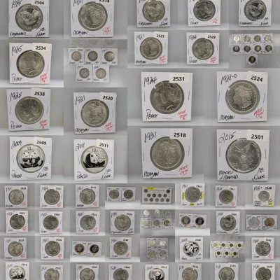 Grid composite image featuring various US and international collectible silver coins, including Morgan dollars, Peace dollars, Engelhard...