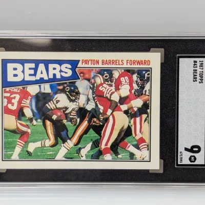 SGC-graded 9 Mint 1987 Topps Walter Payton "Payton Barrels Forward" #43 football trading card encapsulated in a protective slab.