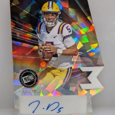2024 Press Pass Premium autographed Jayden Daniels die-cut trading card featuring a rainbow foil mosaic pattern.