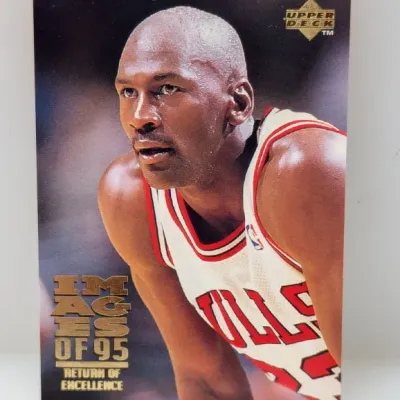 1995 Upper Deck Michael Jordan 'Images of 95: Return of Excellence' basketball trading card. The card features a close-up photo...