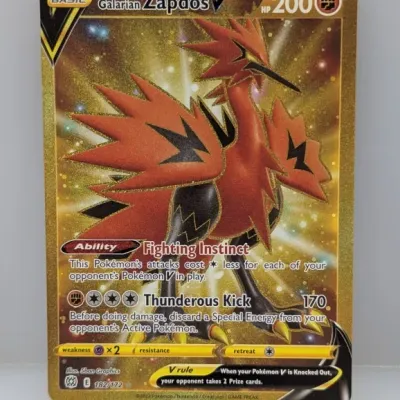 Galarian Zapdos V secret rare ultra rare gold trading card from the Pokémon Sword & Shield Brilliant Stars expansion, numbered 182/172.