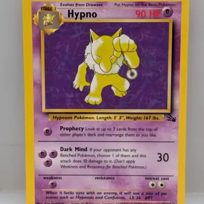 1999 Pokémon Fossil set Hypno rare trading card, number 23/62, illustrated by Ken Sugimori.