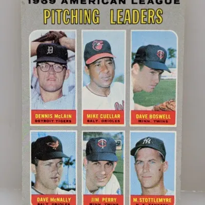 1970 Topps #67 1969 American League Pitching Leaders baseball card featuring Denny McLain, Mike Cuellar, Dave Boswell, Dave McNally, Jim...