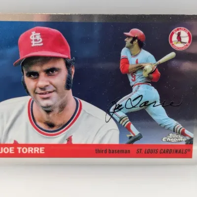 Joe Torre St. Louis Cardinals Topps Chrome baseball card featuring a metallic silver border and portrait design.