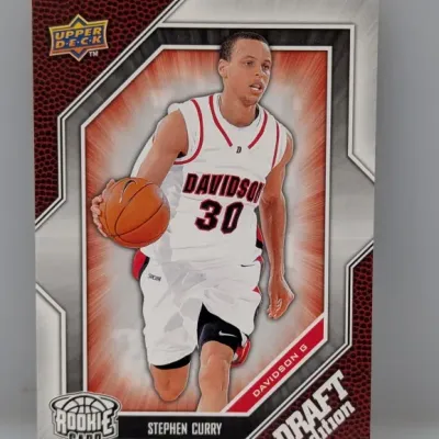 2009 Upper Deck Draft Edition Stephen Curry rookie basketball card featuring him in his Davidson College uniform.