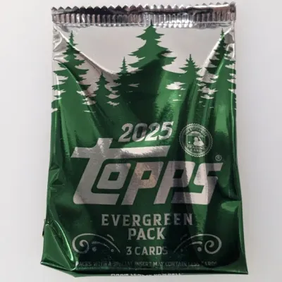 Sealed 2025 Topps Evergreen Pack containing three Major League Baseball trading cards in a green foil wrapper.