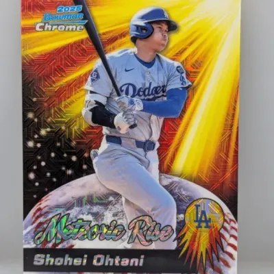 2025 Bowman Chrome Shohei Ohtani 'Meteoric Rise' refractor insert trading card featuring him in a Los Angeles Dodgers uniform.
