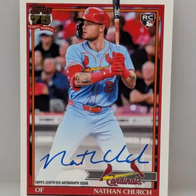 Topps 75 Years of Baseball certified autograph rookie card featuring Nathan Church of the St. Louis Cardinals, presented in excellent...