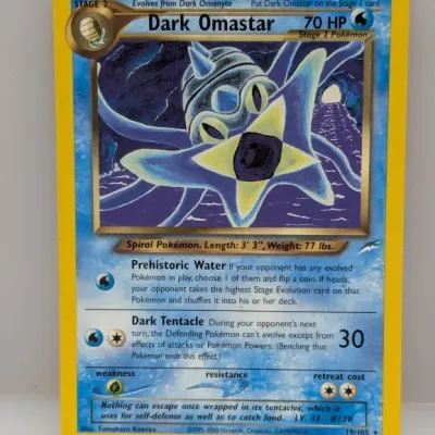 Dark Omastar 19/105 Pokémon trading card from the Neo Destiny expansion, illustrated by Tomokazu Komiya and released in 2002.