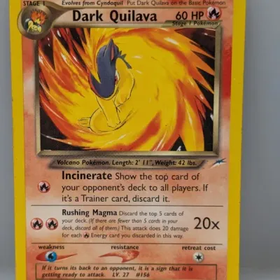 Dark Quilava Pokémon trading card, No. 39/105 from the Neo Destiny set, copyrighted 1995-2000.