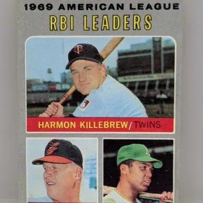 1970 Topps #61 1969 American League RBI Leaders baseball card featuring Harmon Killebrew, Boog Powell, and Reggie Jackson.