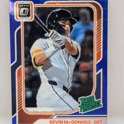 2024 Donruss Optic Kevin McGonigle Rated Prospect blue velocity refractor baseball card for the Detroit Tigers.