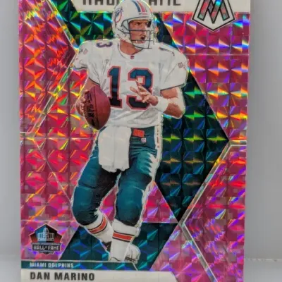 Panini Mosaic Dan Marino Hall of Fame trading card featuring a pink camouflage geometric refractor finish.