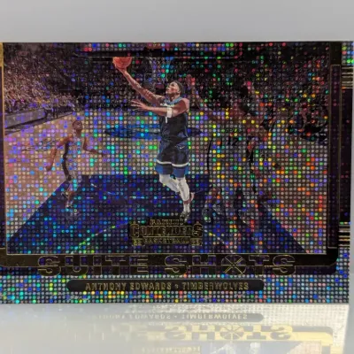 2022-23 Panini Contenders Suite Shots Anthony Edwards basketball trading card featuring a holographic disco foil design.