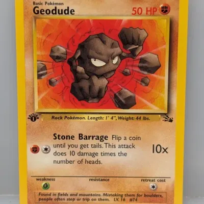 1999 Pokémon Fossil set 1st Edition Geodude trading card #47/62, illustrated by Kagemaru Himeno, in good condition.