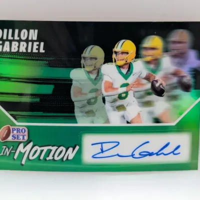 Pro Set In-Motion autographed trading card featuring Dillon Gabriel in an Oregon Ducks uniform, presented in excellent condition.