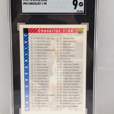 SGC-graded 9 Mint 1992-93 Upper Deck #90 Checklist 1-90 basketball trading card.