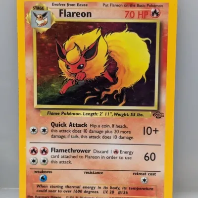 1999 Pokémon Jungle set holographic Flareon trading card (3/64), illustrated by Kagemaru Himeno.