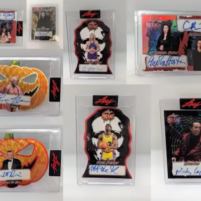Collection of Leaf Metal Pop Century autographed trading cards featuring celebrities, sports icons, and horror themes, all encased in...