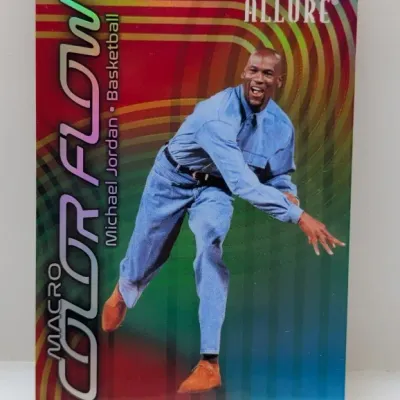 Upper Deck Allure Michael Jordan "Color Flow Macro" trading card featuring a rainbow foil background and a photo of Jordan in a...