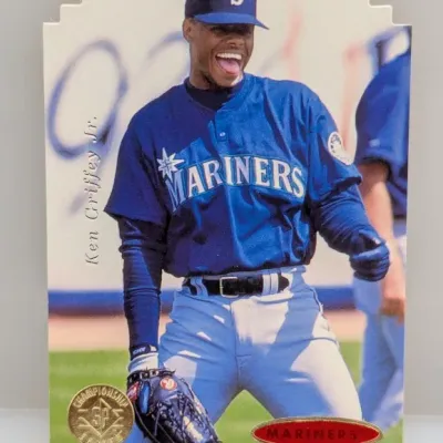 1990s Upper Deck SP Championship Series Ken Griffey Jr. die-cut baseball trading card featuring him in a Seattle Mariners uniform.