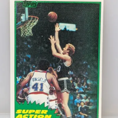 1981-82 Topps Larry Bird Super Action basketball card #4, featuring in-game action against Wes Unseld.
