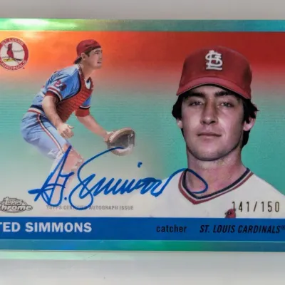 Topps Chrome certified autograph baseball card featuring Ted Simmons of the St. Louis Cardinals, numbered 141/150 in a aqua refractor...