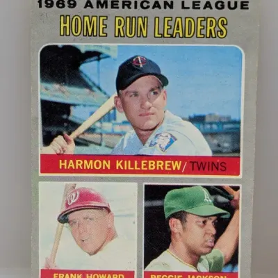 1970 Topps #6 1969 American League Home Run Leaders baseball card, featuring Harmon Killebrew, Frank Howard, and Reggie Jackson.