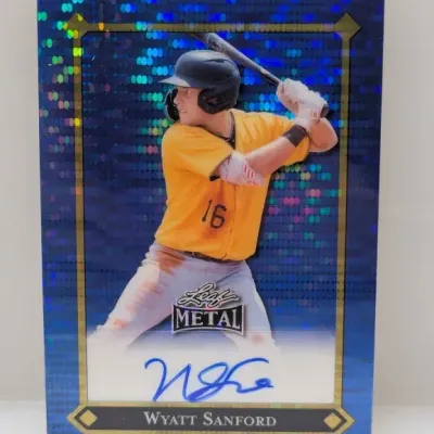 Leaf Metal baseball trading card featuring Wyatt Sanford with an autographed front, presented in a blue refractor mosaic pattern finish.