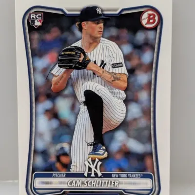 Bowman Cam Schlittler rookie baseball card featuring the New York Yankees pitcher in excellent condition.