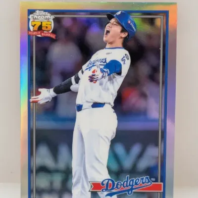 2024 Topps Chrome Shohei Ohtani Dodgers trading card with a silver refractor finish, celebrating 75 years of Topps baseball.