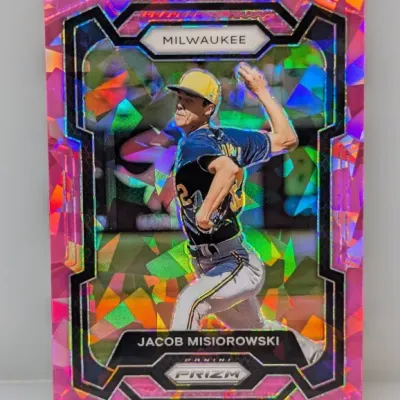 Panini Prizm Jacob Misiorowski baseball trading card featuring a vibrant pink ice refractor design.