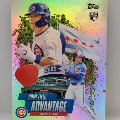 Topps Matt Shaw Home Field Advantage rookie trading card featuring Chicago Cubs graphics and a rainbow foil finish.