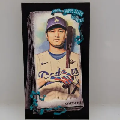 2024 Topps Allen & Ginter Shohei Ohtani Rip Card featuring a black background and Los Angeles Dodgers jersey.
