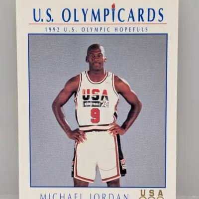 1992 U.S. Olympicards Michael Jordan trading card featuring him in his Team USA jersey.