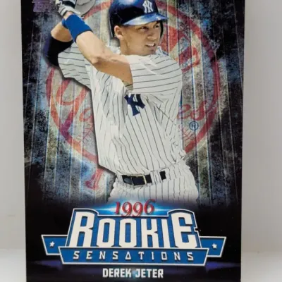 1996 Topps Rookie Sensations Derek Jeter trading card, featuring the New York Yankees shortstop in uniform.