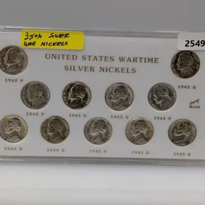Complete 11-coin set of United States Wartime Silver Nickels (1942–1945) housed in a clear protective display holder.