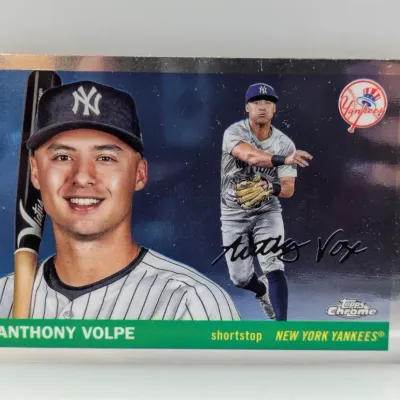 2023 Topps Chrome Anthony Volpe New York Yankees baseball card, featuring a chrome finish and facsimile signature.