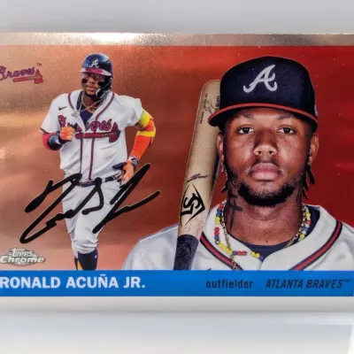 Topps Chrome Ronald Acuña Jr. Atlanta Braves baseball trading card with printed signature.