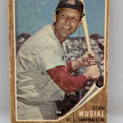 1962 Topps Stan Musial #50 baseball card featuring the St. Louis Cardinals outfielder in a batting pose, showing moderate surface and...