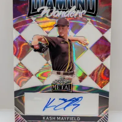 Leaf Metal Baseball Diamond Wonders autographed trading card featuring Kash Mayfield with a holographic foil finish.